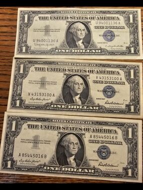 (3) Crisp One Dollar Silver Certificates - (2) 1957  (1) 1957 B Series Banknotes